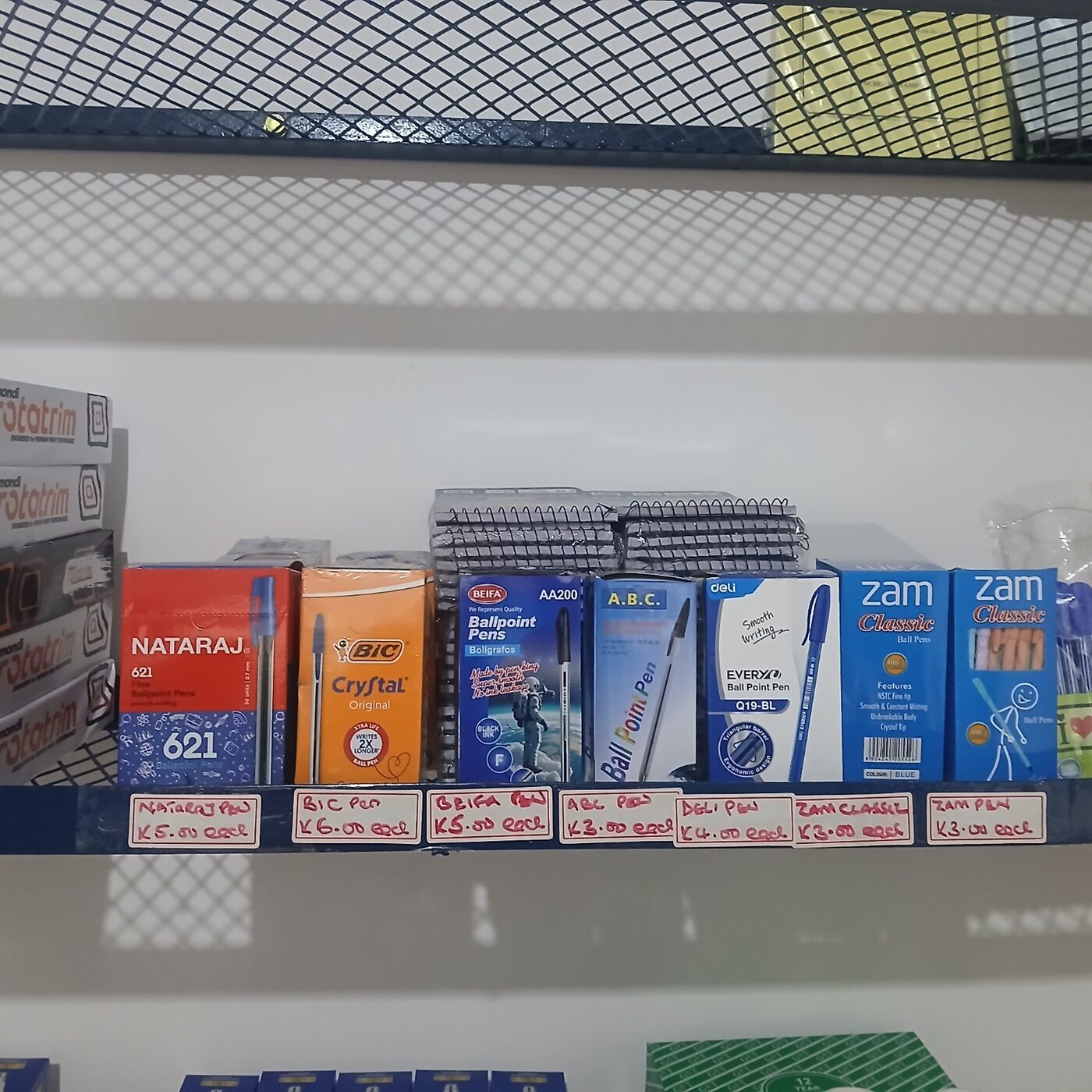 Ballpoint pens for office and school use displayed at the EMVL Luwingu outlet