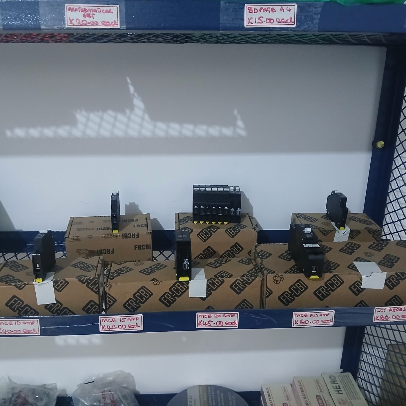 Circuit breakers and switchgear accessories displayed at the EMVL Luwingu outlet