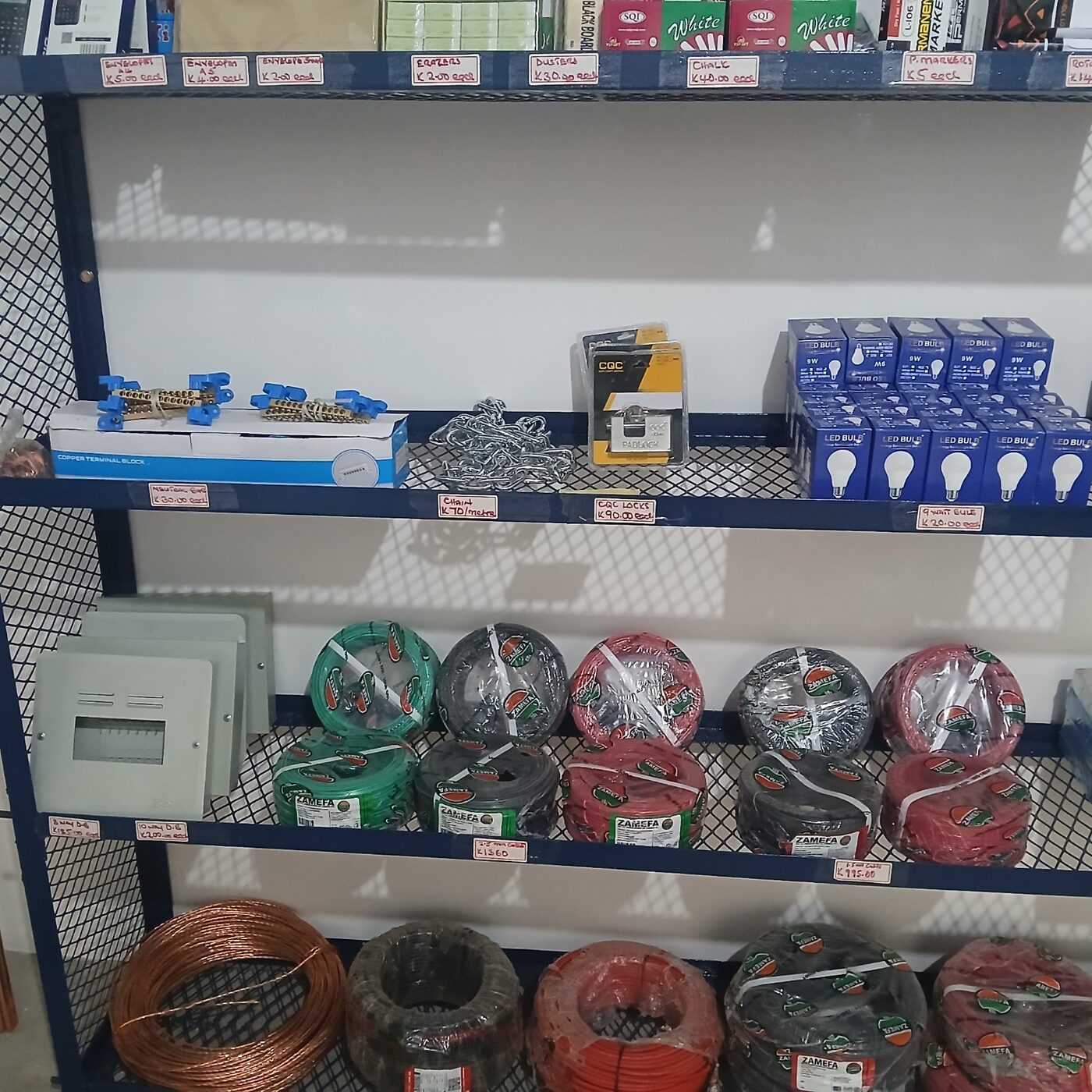Electrical accessories and LED lighting displayed at the EMVL Luwingu outlet