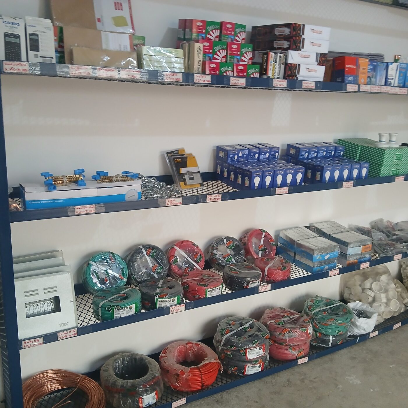 Assorted electrical materials stocked at our Luwingu outlet displayed at the EMVL Luwingu outlet