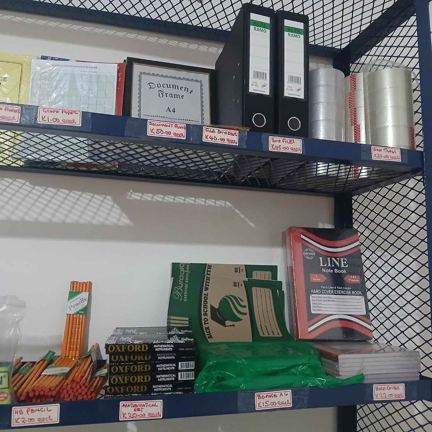 Writing materials, notebooks and filing products displayed at the EMVL Luwingu outlet
